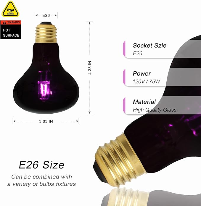 WUHOSTAM 2 Pack 75W Reptile UVA Infrared Moonlight Night Heat Lamp,Basking Spot Bulb Black Glass Cover for Lizard, Chameleon, Snake, Aquarium Reptile, Amphibian