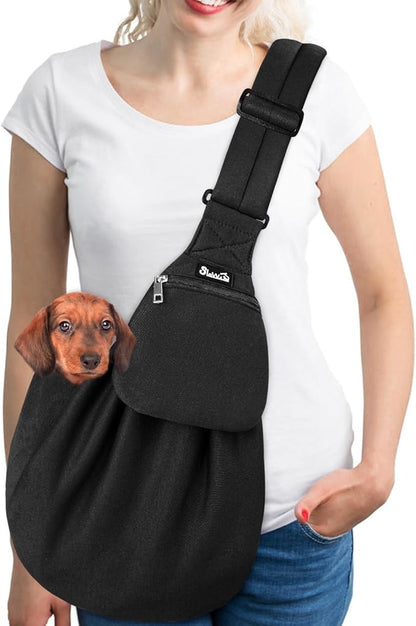 Lukovee Pet Sling, Hand Free Dog Sling Carrier Adjustable Padded Strap Tote Bag, Shoulder Bag with Front Pocket Safety Belt Carrying Small Dog Cat Puppy Machine Washable (Black-WY,S)