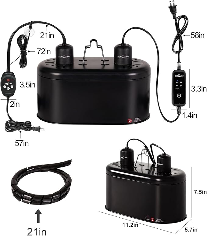 REPTI ZOO Dual Reptile Light Fixture with Dimming Thermostat and Timer, Deep Dome Lamp Fixture with Independent Reptile Dimming Thermostat Heat Bulb Temperature Controller and Timing Function