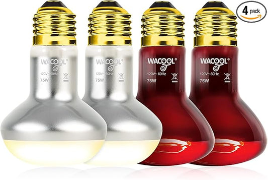 WACOOL 4Pack Reptile Heat Lamp Day & Night Kit 75W, Nature Simulated Basking Daylight & Nightlight UVA Heat Lamp Bulbs for Reptiles & Amphibians
