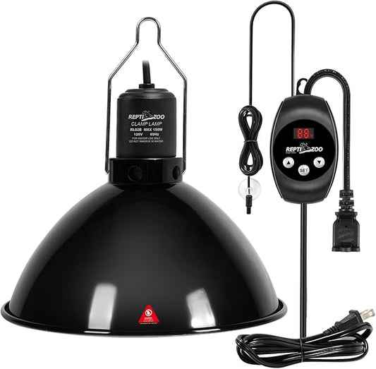 REPTI ZOO Reptile Light Fixture Dimming Thermostat Combo Pack, 8.5 Inch Deep Dome Lamp Fixture Max 150W, PID Reptile Thermostat Temperature Controller for Reptile Heat Lamp Bulb
