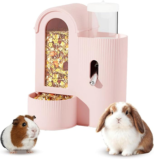 2 in 1 Rabbit Food Water Dispenser, Guinea Pig Water Bottle, Large Capacity Bunny Feeder for Cages, Automatic Bunny Feeder, for Rabbit Ferrets Guinea Pigs Small Animals (Pink, 2 in 1)