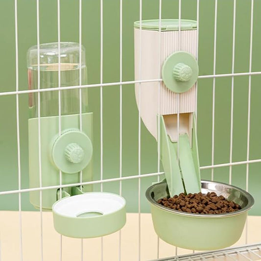 Hanging Cage Automatic Food Water Dispenser Kennel Gravity Pet Feeder Set with Separate Food Bowl and 500ML Waterer, Crate Auto Feeder Dish for Small Pets Cats Puppy Ferret Bunny Guinea Pig