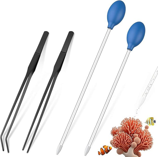 KABASI 4 in 1 Aquarium Coral Feeder Kit, 2PCS Coral SPS HPS Coral Feeder with 2PCS Tweezers, Long Arcylic Marine Reef Aquarium Syringe Liquid Fertilizer HPS Tube for Reef/Anemones/Eels/Lionfish