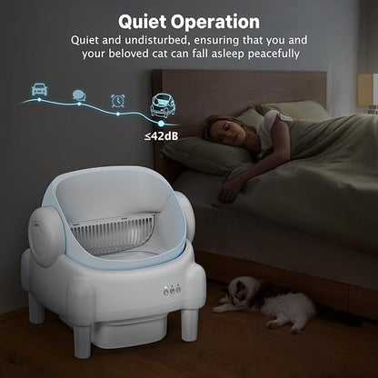 Self Cleaning Litter Box,Open Top Automatic Litter Box with App Control for Multiple Cats, Safety Sensors Protection, Odor Control Includes 2 roll Liners,Large Waste Bin, Cream White