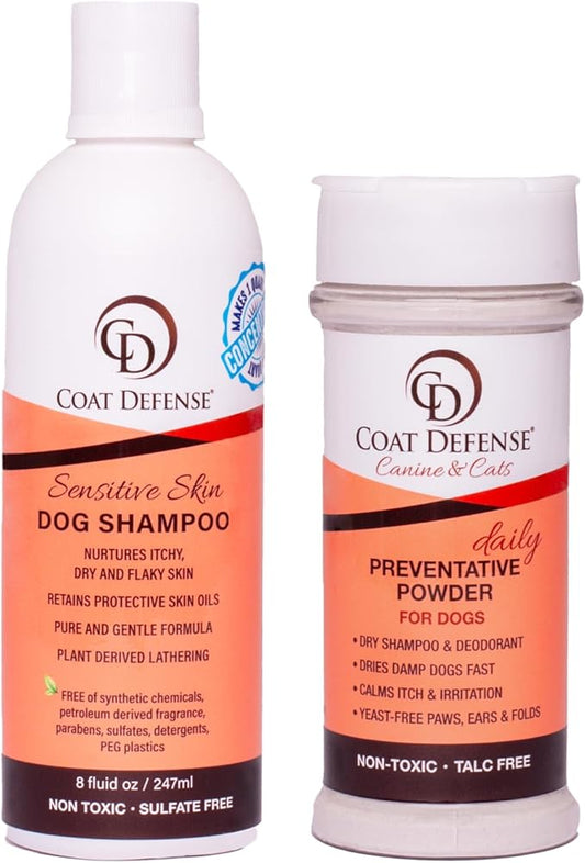COAT DEFENSE Paw Licker Bundle | Dry Powder for Dogs & Sensitive Skin Dog Shampoo for Allergies and Itching | Smell & Itch Relief | Itchy Skin Relief & Yeast Dog Treatment