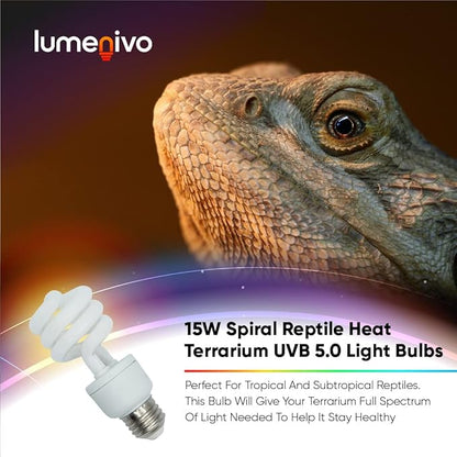 lumenivo 15 Watt UVB Reptile Light 5.0 15W Spiral Reptile Heat Terrarium Light Bulbs for Turtles, Gecko, Tortoise, Snake, Lizard, Chameleons, and Insects - 120V - 5 Pack