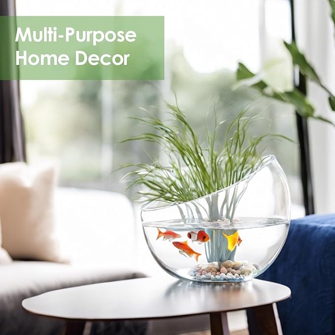 Craft And Party, Slant Cut Bowl Glass Vase, Glass Fish Bowl Vase, 8.5" Height x 10" Width Fruit Jar, Candy Dish, Clear Terraium, Flower Vase Centerpiece