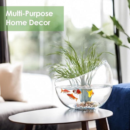 Craft And Party, Slant Cut Bowl Glass Vase, Glass Fish Bowl Vase, 8.5" Height x 10" Width Fruit Jar, Candy Dish, Clear Terraium, Flower Vase Centerpiece