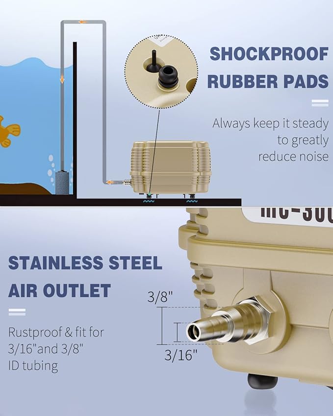 Pawfly 254 GPH Aquarium Air Pump Adjustable Quiet Oxygen Aerator Pump with Multi-Port Air Flow Control Lever Valve Splitter and Airline Tubing for Fish Tanks Ponds and DWC Systems Up to 300 Gallons