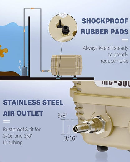 Pawfly 254 GPH Aquarium Air Pump Adjustable Quiet Oxygen Aerator Pump with Multi-Port Air Flow Control Lever Valve Splitter and Airline Tubing for Fish Tanks Ponds and DWC Systems Up to 300 Gallons