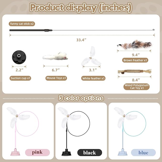 Suction Cup Cat Toys for Indoor Cats,3 in 1 Suction Cup Cat Toy,Interactive Simulation Cat Toy Set Self Play or Handheld,Feathers & Bells,Realistic Toy Mouse and Silvervine Sticks (Pink)