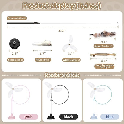 Suction Cup Cat Toys for Indoor Cats,3 in 1 Suction Cup Cat Toy,Interactive Simulation Cat Toy Set Self Play or Handheld,Feathers & Bells,Realistic Toy Mouse and Silvervine Sticks (Pink)