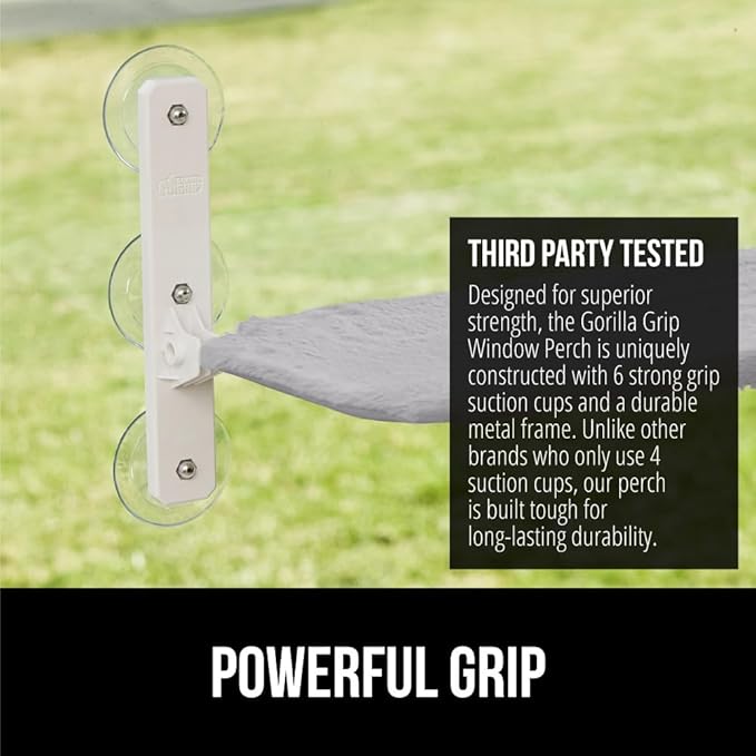 GORILLA GRIP Cat Window Perch, Sturdy Cat Hammock Bed Window Seat with 6 Large Suction Cups, Foldable Cordless Indoor Kitten Wall Shelves, Strong Metal Frame, Washable Cover, Small Gray