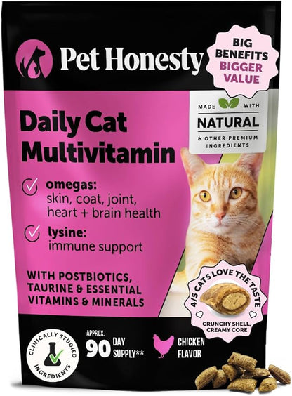 Cat Multivitamin Chews - Cat Treats for Health + Immune, Joint Support, Skin & Coat, and Digestion - Omega 3s, Lysine & Probiotics for Cats, Vitamins for Cats - Chicken (90-Day Supply)