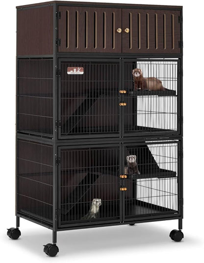 HABUTWAY 50''H Metal Large Ferret Cage, Rolling Chinchilla Cage with Removable Ramps& Double Door, Critter Nation with Locker, Small Animal Cage Indoor Wooden Pet Crate Furniture