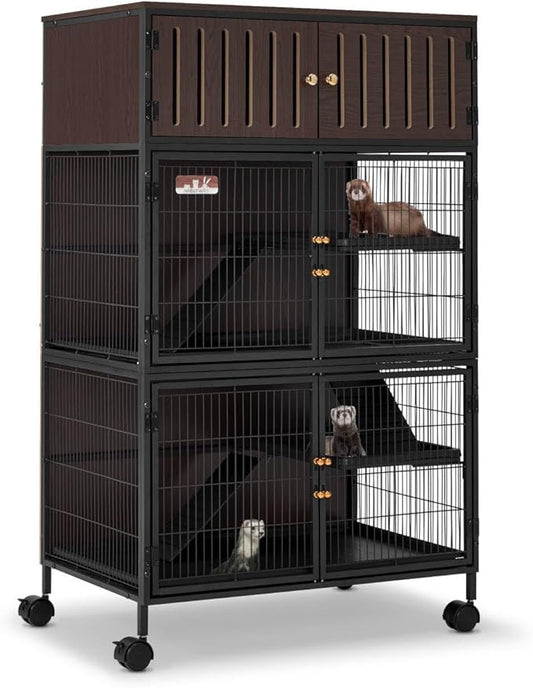 HABUTWAY 50''H Metal Large Ferret Cage, Rolling Chinchilla Cage with Removable Ramps& Double Door, Critter Nation with Locker, Small Animal Cage Indoor Wooden Pet Crate Furniture