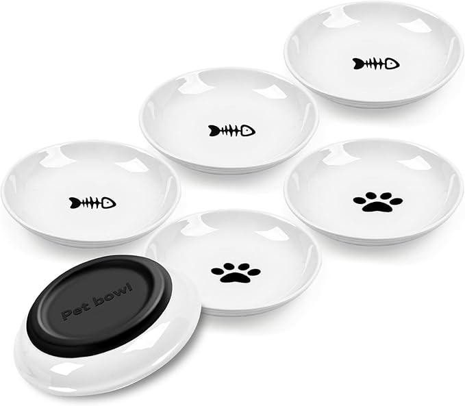 Cat Bowls,No Spill Whisker Fatigue Kittens Food Bowl with Anti-Slip Silicone,Ceramic Cat Dishes for Food Water and Wet and Dry,Shallow Plates Set for Indoor Cats,Small Dogs(6 Pack)