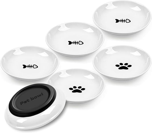 Cat Bowls,No Spill Whisker Fatigue Kittens Food Bowl with Anti-Slip Silicone,Ceramic Cat Dishes for Food Water and Wet and Dry,Shallow Plates Set for Indoor Cats,Small Dogs(6 Pack)