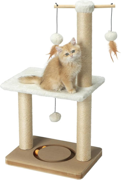 PEEKAB Cat Scratching Post 31in Tall Sisal Scratch Posts with Perch Tracking Interatcive Toys Vertical Scratcher for Indoor Cats and Kittens,Three Hanging Ball Self Massage Brush Beige