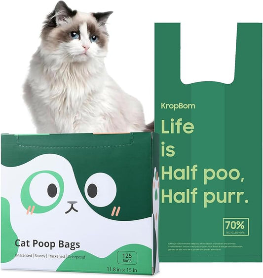 125 Count Cat Poop Bags with Handles, Disposable Litter Bags for Pet Poop, Extra-Thick Kitty Cat Waste Bags Easy Tie Leak-Proof Strengthen Unscented (Made of 70% Recycled Plastic)