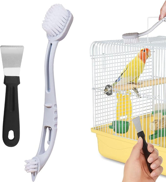 Bird Cage Cleaner Bird Cage Brush with Two Brush Heads Long Handle with Scraper for Cleaning Bird Parrot Cages Kennels Perches (Grey+Black)