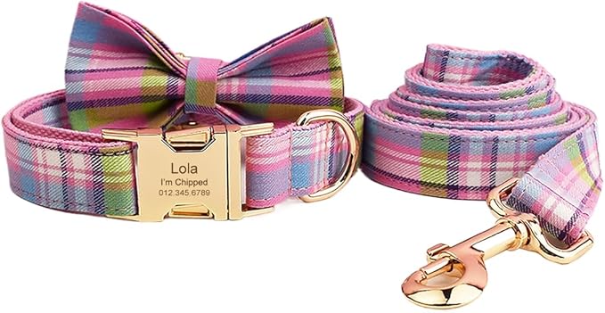 Custom Dog Collar with Names and Phone Number Engraved, Puppy Tags Personalized for Small Medium Large Pets (Colorful Plaid, L)