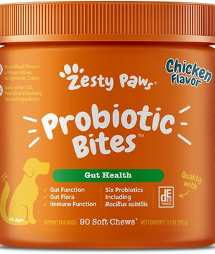 Zesty Paws Probiotics for Dogs, Digestive Enzymes Gut Flora, Digestive Health, Diarrhea & Bowel Support, DE111, Dog Probiotics Soft Chew for Pet Immune System, Chicken, 90 Ct