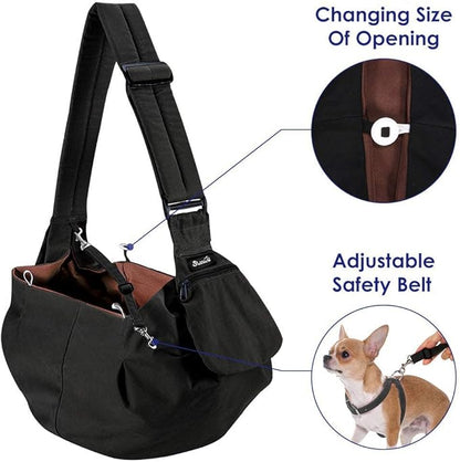 Lukovee Pet Sling, Hand Free Dog Sling Carrier Adjustable Padded Strap Tote Bag Breathable Cotton Shoulder Bag Front Pocket Safety Belt Carrying Small Dog Cat Puppy Machine Washable (BN, S)