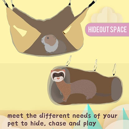 Ferret Rat Hammock Tunnel Toys Cage Accessories, Guinea Pig Hideout Tunnel, Warm Bed for Rat Ferret Guinea Pig Sleep Hide and Play (1.Hammock&Tunnel)