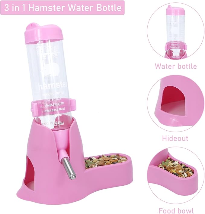 Wontee Hamster Water Bottle Water Dispenser Hamster Silent Exercise Running Wheel for Dwarf Hamsters Gerbil Mice (Pink, 125ML)