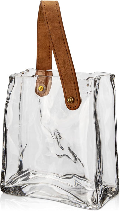 Glass Purse Vase for Flowers Clear Vases for Centerpieces Glass Bag Vase with Leather Handle Small Bag Vases for Decor Decorative Fish Bowl for Home Wedding Decor