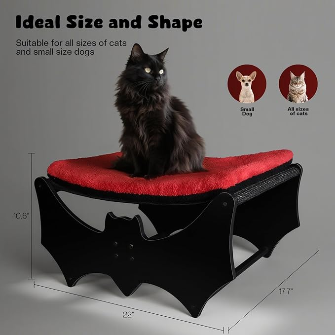 Halloween Gothic Cat Bed with Bat Design, Wooden Elevated Cat Beds with Sisal Scratching Mat, Cats Scratcher Bed with Removable Fluffy Cushion, Raised Pet Bed for Large Cats, 22" L x 17.7" W, Black