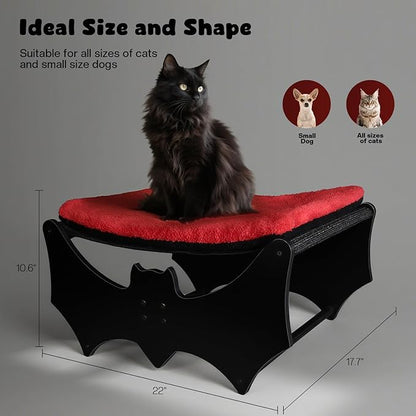 Halloween Gothic Cat Bed with Bat Design, Wooden Elevated Cat Beds with Sisal Scratching Mat, Cats Scratcher Bed with Removable Fluffy Cushion, Raised Pet Bed for Large Cats, 22" L x 17.7" W, Black