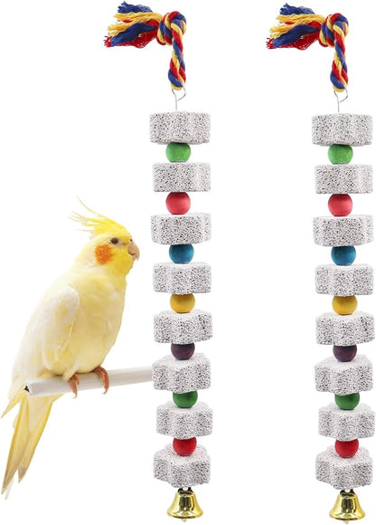 2 Pack Parrot Chewing Toys with Calcium Stone & Bells – Long-Lasting Bird Cage Accessories for Parakeets, Cockatiels, Budgies, Lovebirds, African Grey, Hamsters, Chinchillas & Rabbits