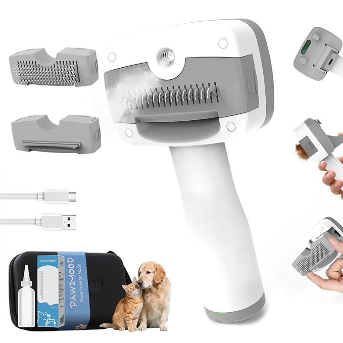 5-in-1 Pet Steam Brush for Dogs & Cats-Self-Cleaning Steam Dog Brush with 3 Swap-in Heads (Grooming, Dematting, Deshedding),Cat Spray Hair Removal Comb,Includes Pet Essence & Storage Case