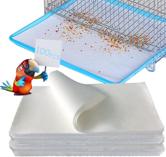 100PCS Bird Cage Liner Papers, Disposable Cage Paper Liners Precut Absorbent Cushion Pad Mat Accessories for Pet Bird Parrot (White)