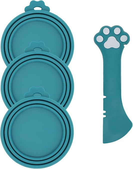 Pet Can Opener & 3 Pcs Cat Food Can Lids | Universal BPA Free Silicone Covers & Multi-Function Wet Food Spoon for Cat and Dog Food(Dark Blue)