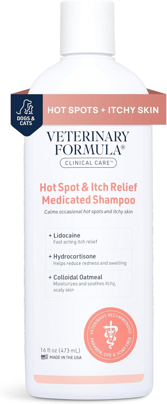 Veterinary Formula Clinical Care Hot Spot & Itch Relief Medicated Shampoo for Dogs and Cats 16oz – Helps Alleviate Sensitive Skin, Scratching, and Licking of Coat