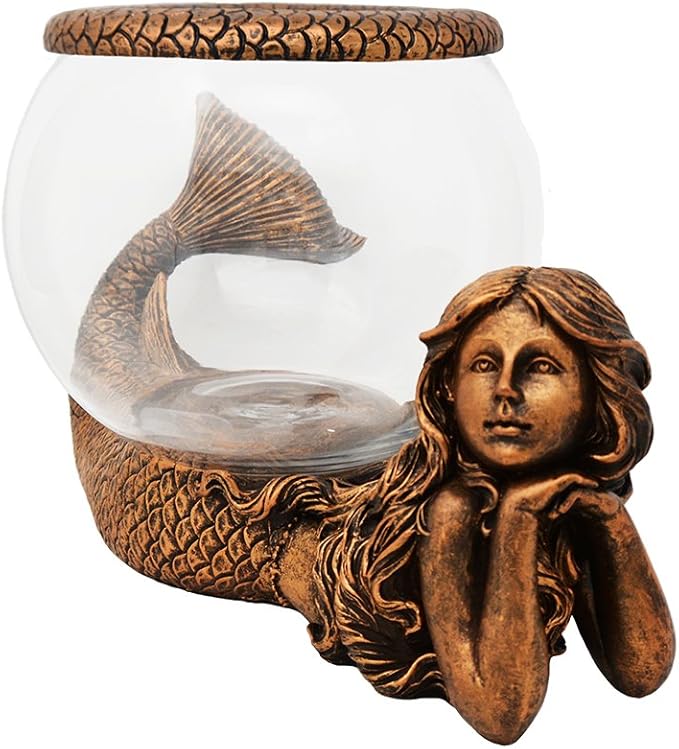 Mystical Mermaid Decorative Fish Bowl – 1 Gallon Glass Aquarium, Terrarium, or Candle Holder | Gold Antiqued Mermaid Figurine with Bowl, Accent Ring & River Rocks – Tabletop Home Décor Gift