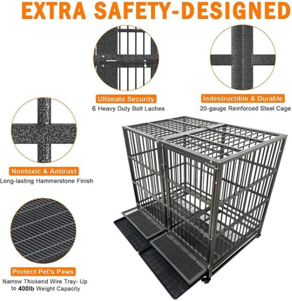 54/48/42/38 inch Heavy Duty Indestructible and Escape-Proof Dog Crate Cage Kennel for Large Dogs, High Anxiety Dog Crate with Removable Wire Trays and Wheels, Extra Large XL XXL