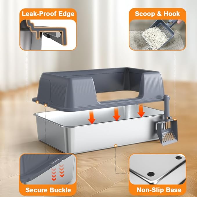 Vivifying Stainless Steel Cat Litter Box, XL Extra Large Semi-Enclosed Metal Pan with Side Entry, Scoop Included, Open Top Potty for Indoor Big Cats & Kitty, Easy to Clean & Odor Resistant (Gray)