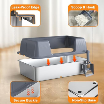Vivifying Stainless Steel Cat Litter Box, XL Extra Large Semi-Enclosed Metal Pan with Side Entry, Scoop Included, Open Top Potty for Indoor Big Cats & Kitty, Easy to Clean & Odor Resistant (Gray)