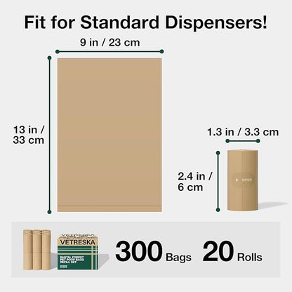 VETRESKA Dog Poop Bags, Leak Proof, Extra Thick and Large Pet Waste Bags for Dog Walking and Cat Litter, Sandalwood & Almond Scented, 300 Bags