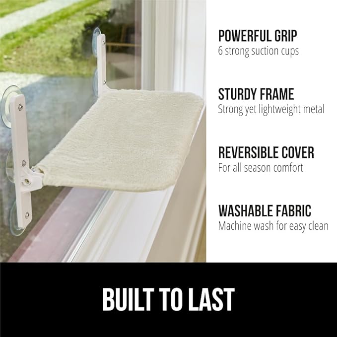GORILLA GRIP Cat Window Perch, Foldable Cat Window Hammock Bed with 6 Large Suction Cups, Cordless Indoor Wall Shelves, Strong Metal Frame Holds 30lbs, Reversible Washable Sherpa Cover, Small Beige