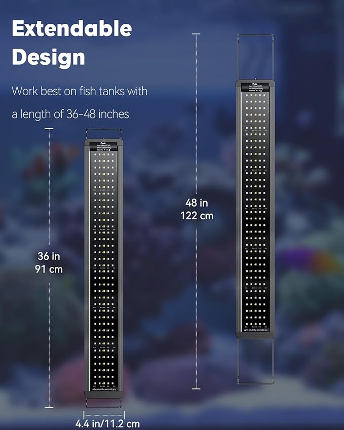 Pawfly 36W Saltwater Aquarium Light for 36" to 45" Fish Tanks Dimmable LED Reef Light for Coral Extendable Marine Fish Tank Light with Full Spectrum D/N Mode Timer Auto On/Off Adjustable Brightness