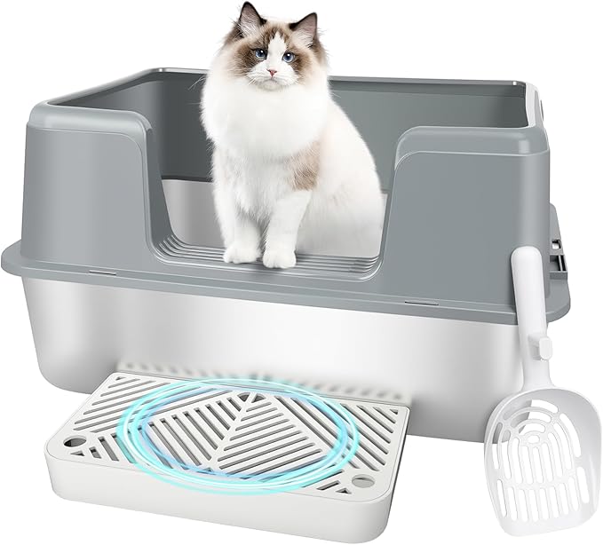 Vivifying XL Stainless Steel Cat Litter Box, High Side Metal Litter Pan with Scoop and Footboard for Big Cats, Kittens, Rabbits and Hamsters, Easy Cleaning Design (Gray)