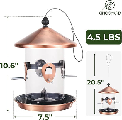 Kingsyard Metal Bird Feeders for Outdoors Hanging with 8 Ports, 4.5 lbs Large Tube Bird Feeder with Seed Tray for Cardinal Finch, Easy to Fill and Clean, Copper