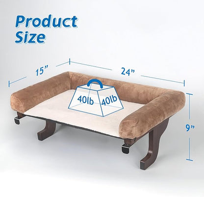 Zakkart Cat Perch for Window Sill with Bolster - Orthopedic Hammock Design with Premium Hardwood & Robust Metal Frame - Cat Window Seat for Large Cats and Kittens - Dark Stained Wood with Brown Bed