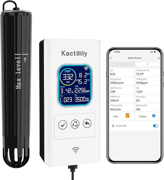 Smart Aquarium Water Monitor, Salinity pH ORP TDS EC Temp Multi-Parameter Tester for Freshwater Saltwater Fish Tanks Real-Time Alerts Upgraded Version
